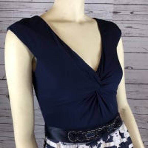Teri Jon Knot front V-Neck Printed Navy & White Ball evening Gown dress size 2 - Picture 7 of 13